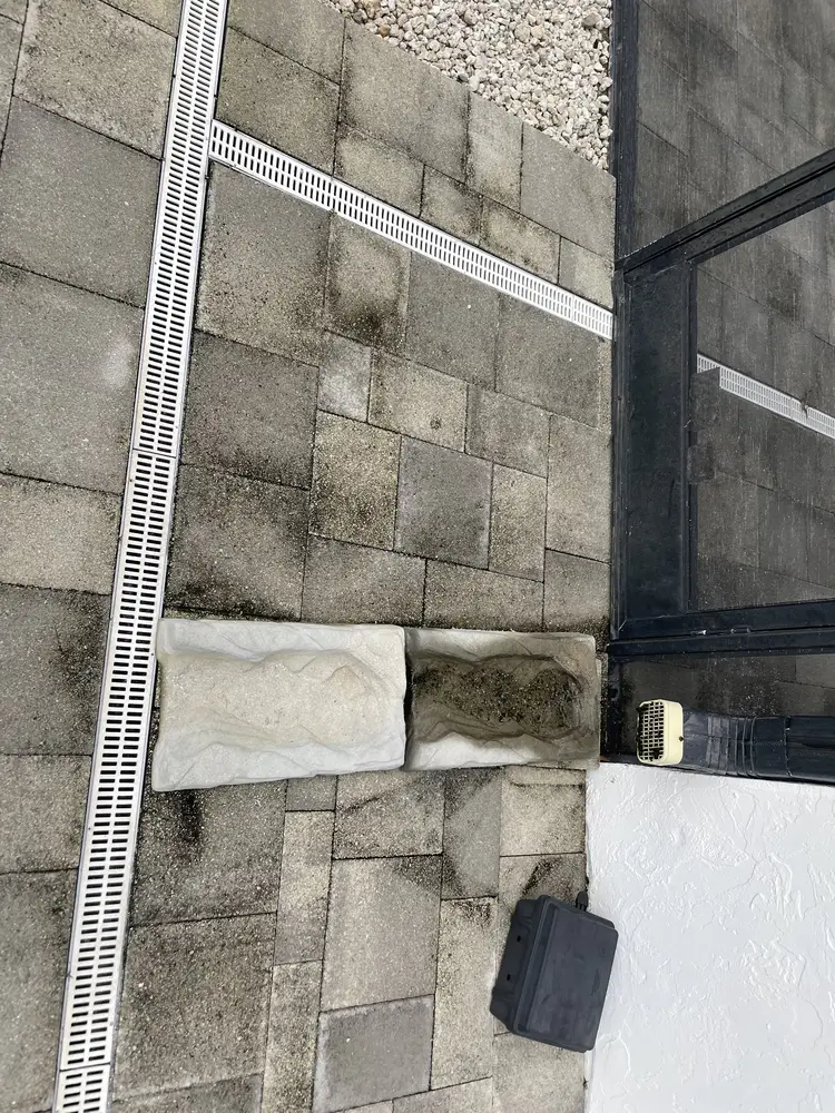 Two pavers from the same patio side by side, one cleaned bright and one still dark with mould