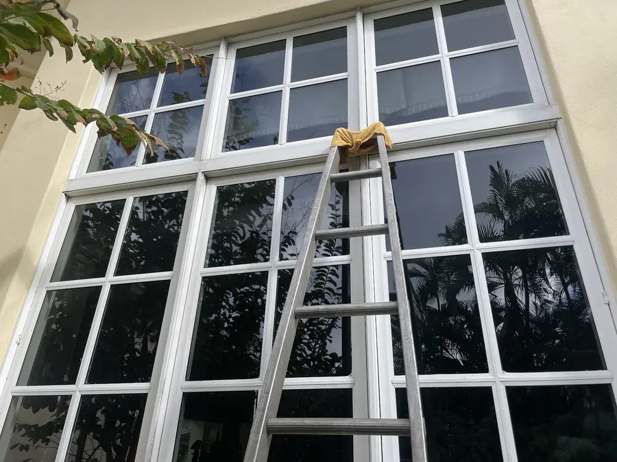 Ladder against a wall of grid windows mid-clean