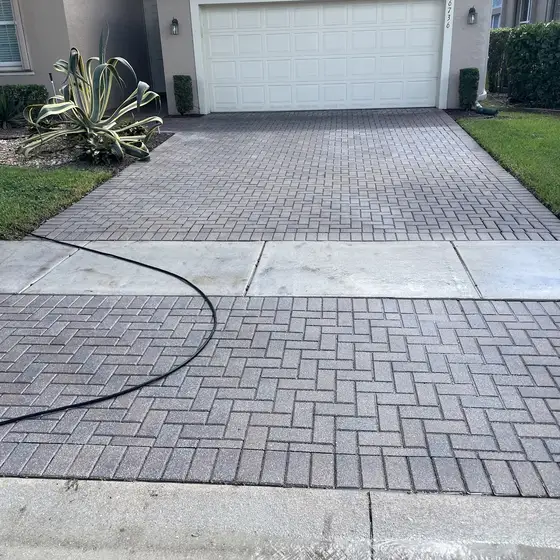 Brick-paver driveway, washed, hose laid out