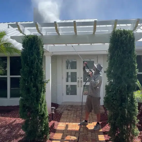 Pressure washing under a white pergola between two cypress trees